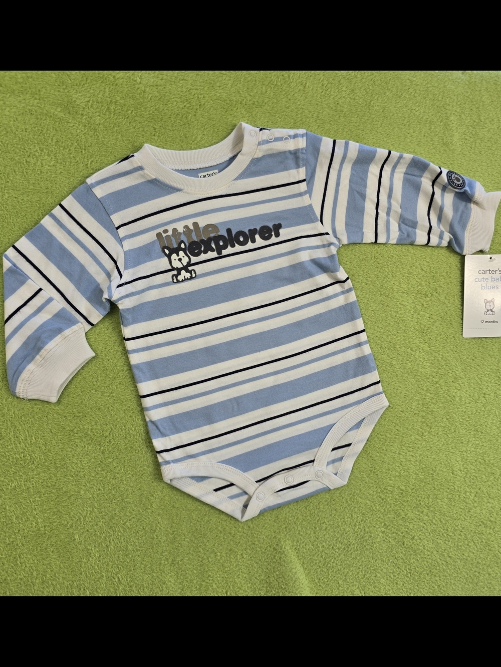 NWT 9-12M Baby BOYS Blue + White LS BODYSUIT LITTLE EXPLORER - HUSKY DOG (Q4)